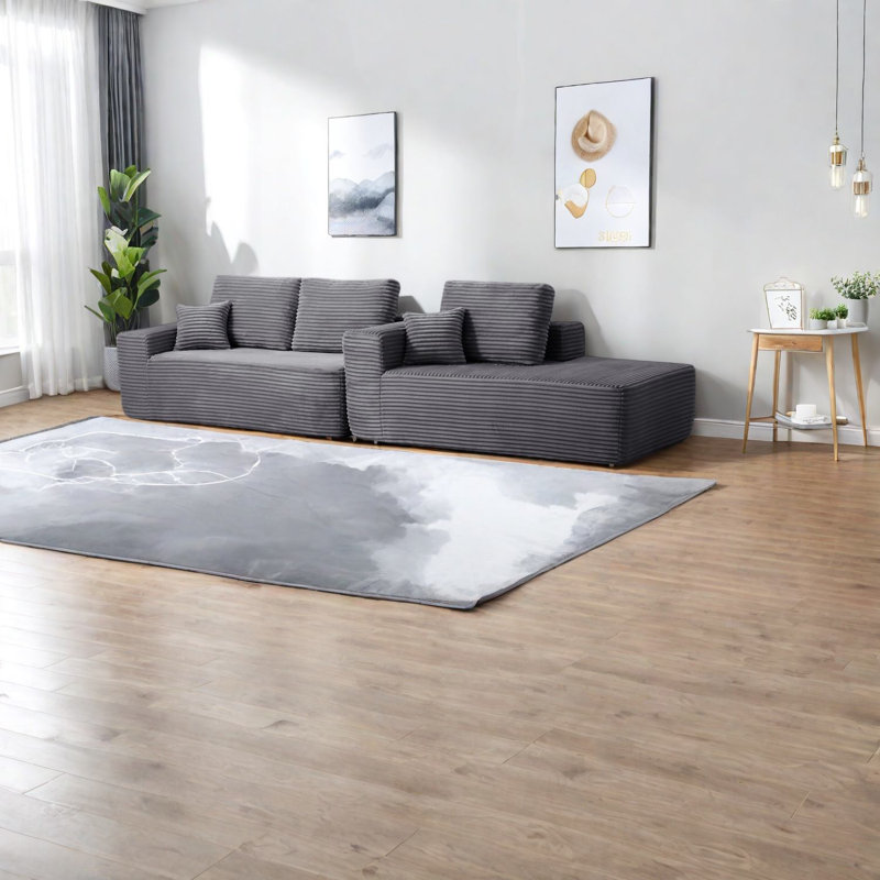 Canapé modulaire moderne en forme de L, velours côtelé moelleux, sans assemblage, gris