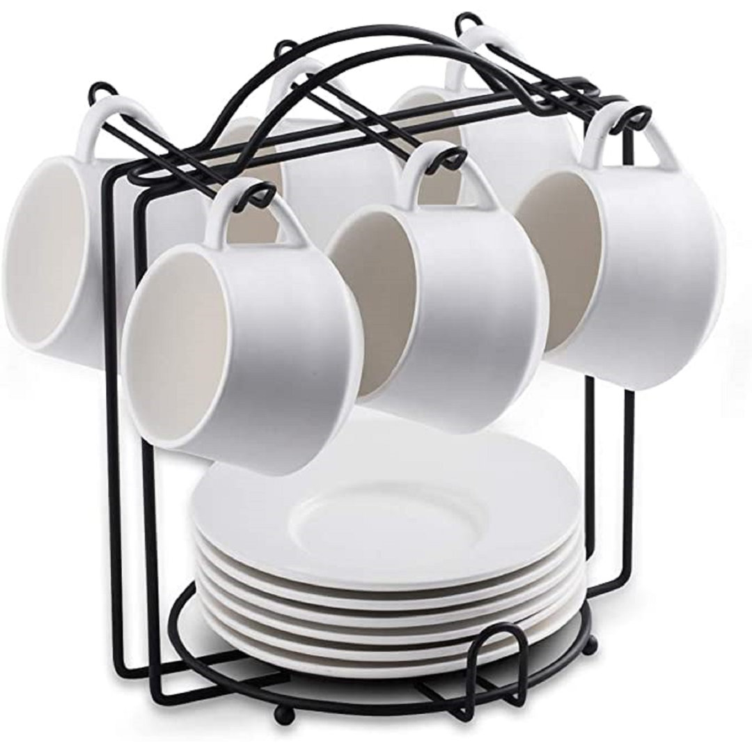 Espresso Cups With Saucers Set 4 Oz Porcelain Espresso Coffee Cup And Metal Stand For Cappuccino, Latte, Cafe Mocha And Tea, Set Of 6, Gray (Set of 6) QXXSJ 