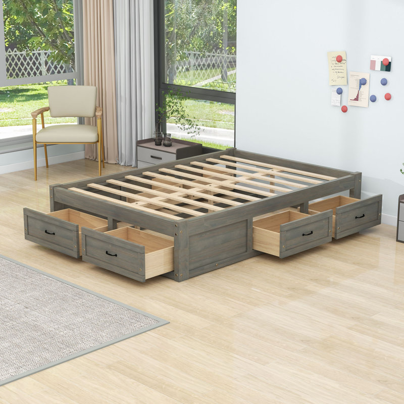 Wooden Platform Bed with 6 Drawers, Antique Gray, Full