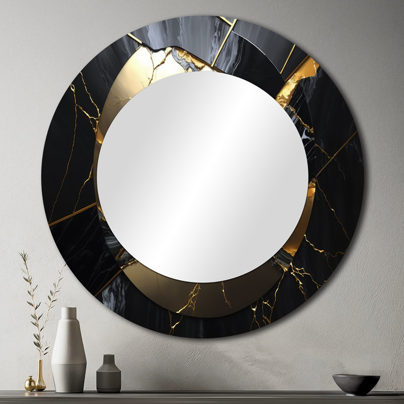 Persayus Abstract Geode Gold III - Marble Decorative Wall Mirror, Modern Large Round Mirror, Printed Metal Art, 36" x 36"