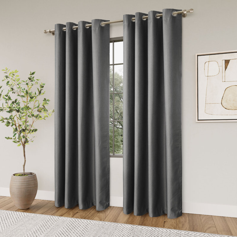 Landolfo Textured Grid 100% Blackout Grommet Curtain Pair (2 panels), Dark Gray, 52" W x 84" L