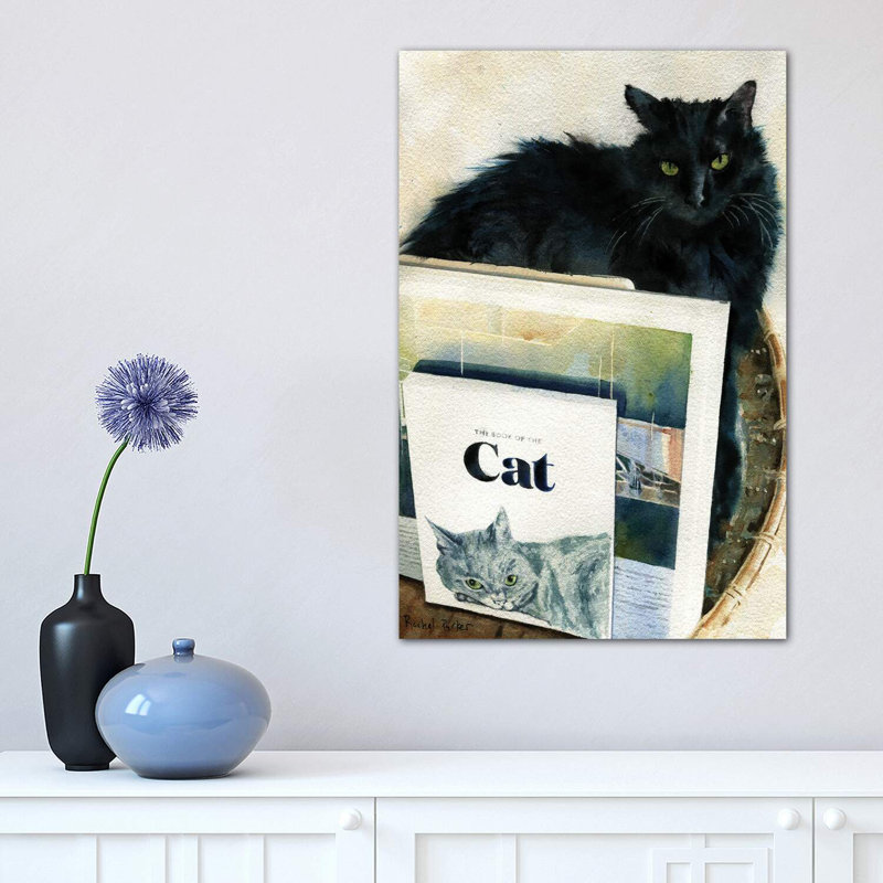 Black Cat Book Basket 1 Piece Wrapped Canvas Painting, 45.72cm H x 30.48cm W x 1.91cm D