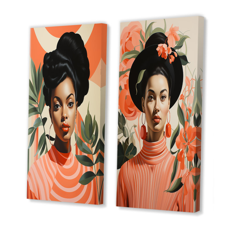 Ensemble de 2 décorations murales roses Mid-Century, H 28 po x l 25 po, Toile tendue