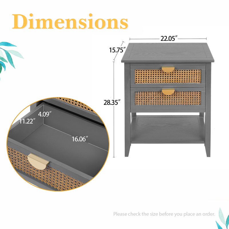 Master Classical Nightstand with 2 Rattan Drawers, Bedside Table with Storage, End Table, Gray