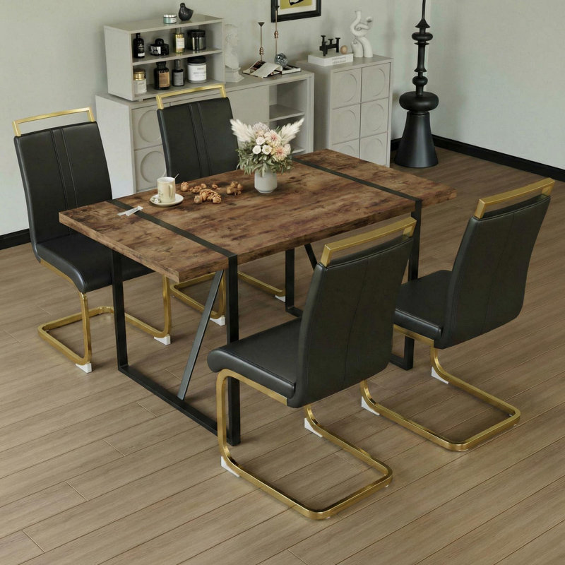 Modern Farmhouse 5-piece Dining Set With Rectangular Table & 4 Pu Leather Chairs, Black/Gold