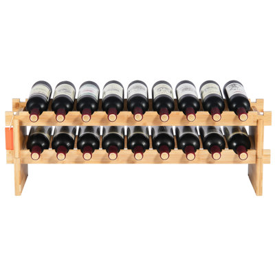Support à vin modulaire empilable pour 18 bouteilles, 2 supports de rangement en bois de bambou massif à 2 niveaux, support de porte-bouteilles autoportant, tablettes sans oscillation pour la cuisine, le bar et la cave (couleur naturelle)