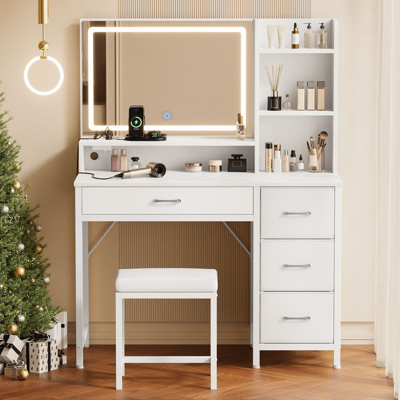 White and Gold Vanity Desk Set with LED Mirror & Lights, 4 Drawers, Power Outlets, Upholstered Stool | Makeup Dressing Table for Bedroom
