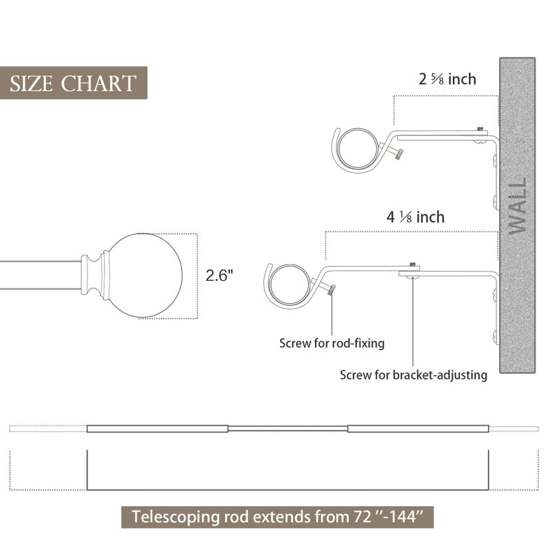 Domynique Adjustable 2.65'' Single Curtain Rod, Black, 28" - 48"
