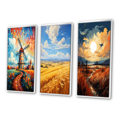 "Moulin à vent néo-fauve dans une campagne colorée", 3 pièces sur toile