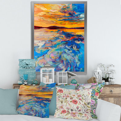 «Orange Sunset over Whirly Blue Waves», peinture sur toile