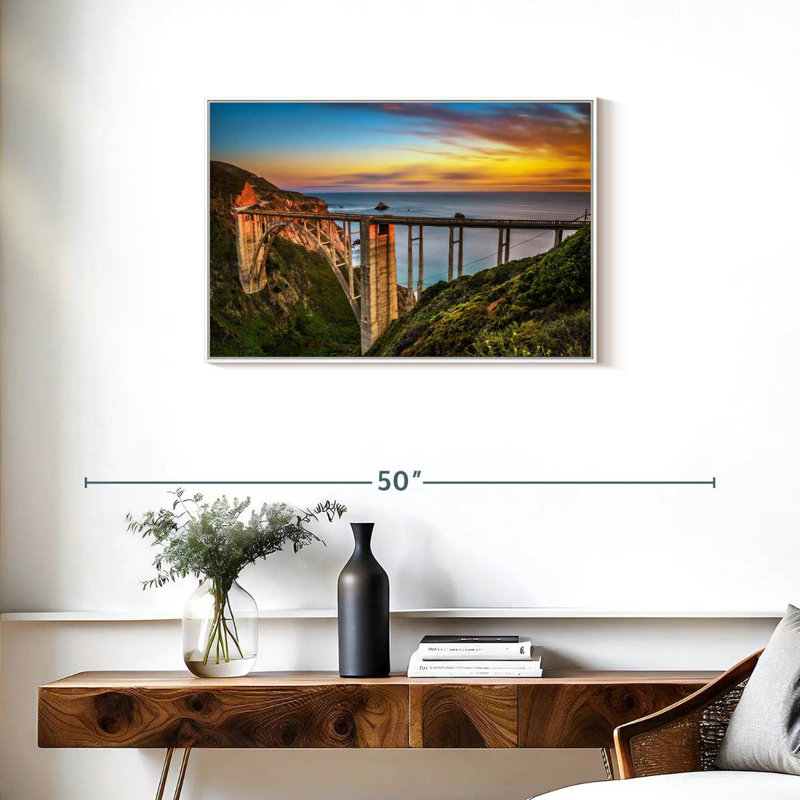 Pont de Bixby Creek au coucher du soleil, Cadre flottant blanc, 31 po x 21 po