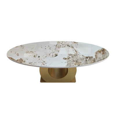 Modern 49.2" Oval Sintered Stone Coffee Table with Stainless Steel Base, Center Table for Living Room