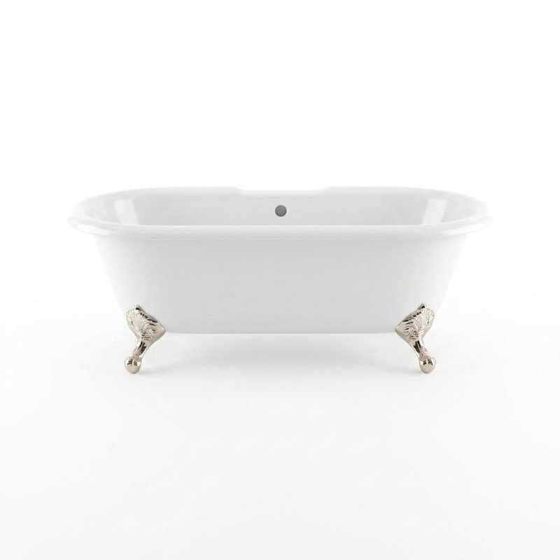 The Arcadia 66-Inch Double Ended Clawfoot Acrylic Soaking Tub without Faucet Holes Strom Living, Nickel, No Holes