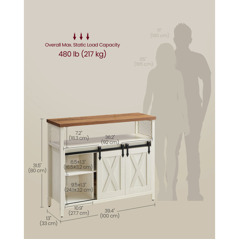 Buffet, armoire à café, buffet avec 2 portes de grange coulissantes, tablettes réglables, 13 x 39,4 x 31,5 pouces, pour le salon