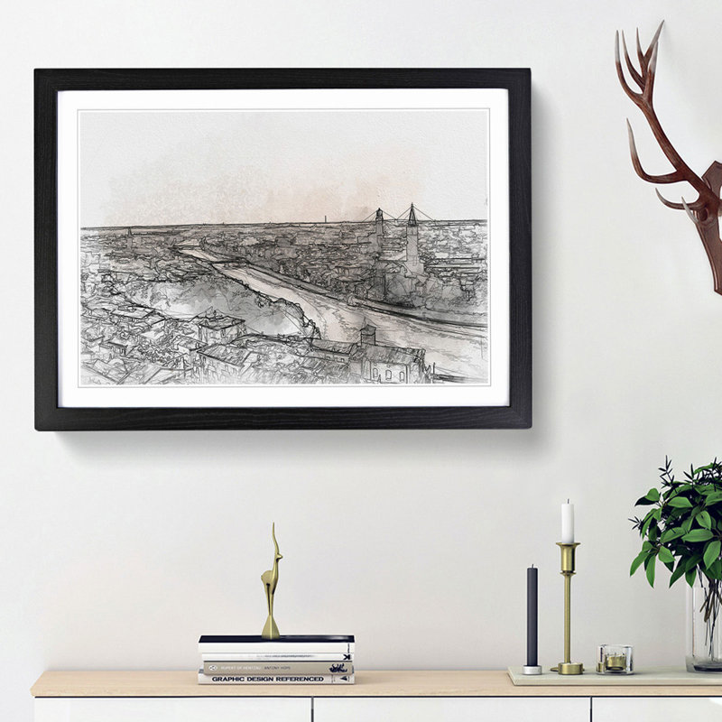 Skyline of Verona Italy in Abstract - Picture Frame Graphic Art Print, 36cm H x 48cm W x 2cm D, Black Framed
