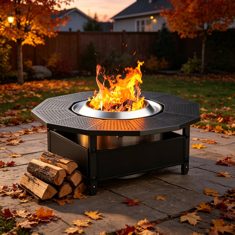 Adjustable Fire Pit Surround Tabletop UV-Resistant Outdoor Fabric Thick Metal Black, 16" H x 38" W x 38" D