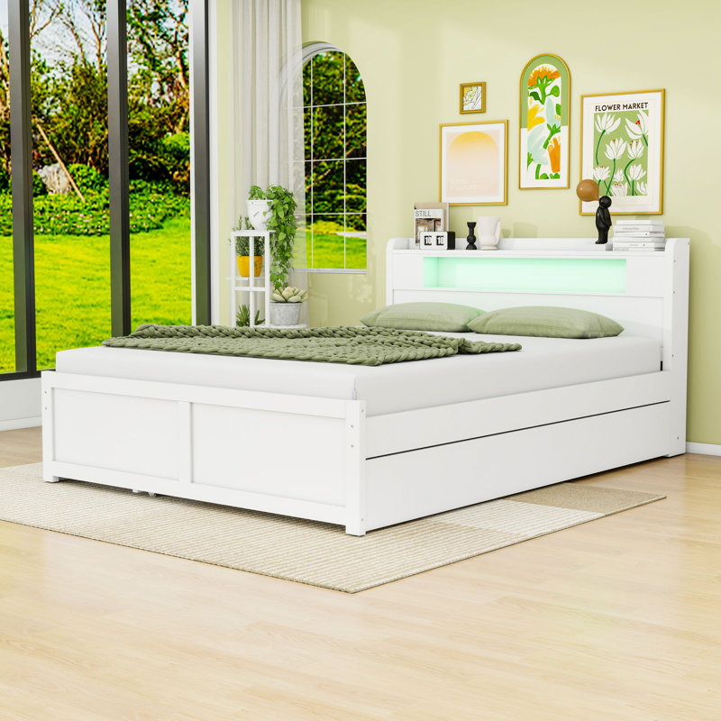 Queen 2 Drawers Wood Platform Bed with LED and Trundle, White