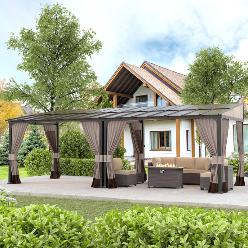 Modern Outdoor Slant-Top Hardtop Gazebo With Black Metal Frame And Curtains, 101.4" H x 292.2" W x 109.3" D
