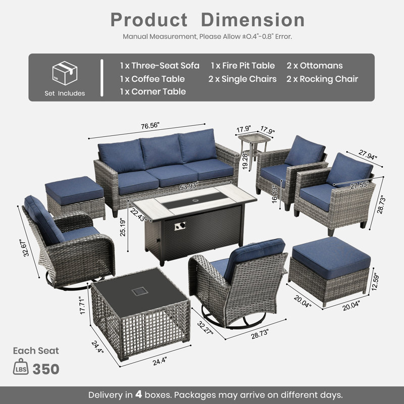 Allcot 7 - Person Wicker Outdoor Conversation Set, Patio Swivel Chair Set with Lighted Coffee Table and Cushions, Blue