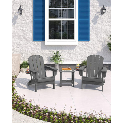 Ensemble de 2 chaises pliantes Adirondack avec table d'appoint, chaise de patio extérieure en PEHD avec porte-gobelet, bois texturé toutes saisons pour terrasse, jardin, foyer