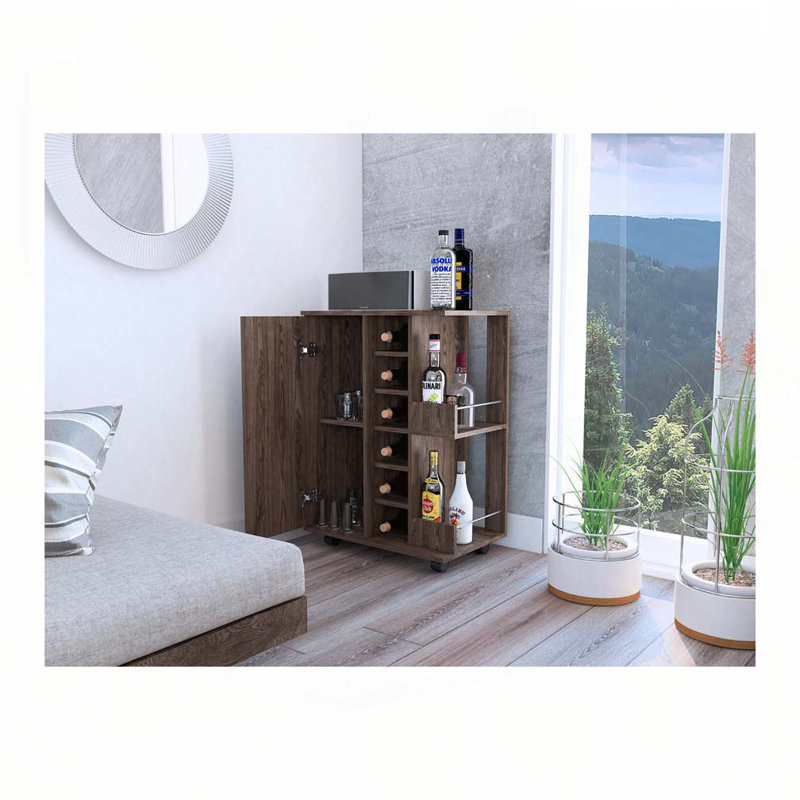 Bartlet 2-Shelf 6-Bottle Bar Cart with Division Dark Walnut, Brown