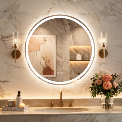 Round Bathroom Vanity Mirror Frontlit LED Lighted, Anti-Fog 3 Colors Temperature Dimmable Light, Wall Mirror With UL Rohs ETL & 3-Year Warranty