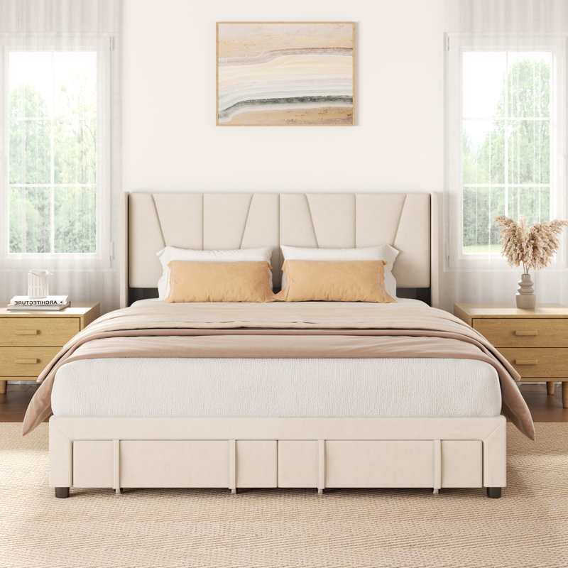 Tata Velvet Upholstery Platform Bed Frame with Wingback Headboard and Storage Drawers, King, Beige