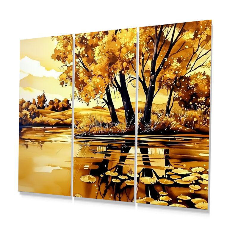«Golden Glow River In Autumn II», ensemble d'art mural paysage d'automne, H 28 po x l 36 po, Impression sans cadre en métal