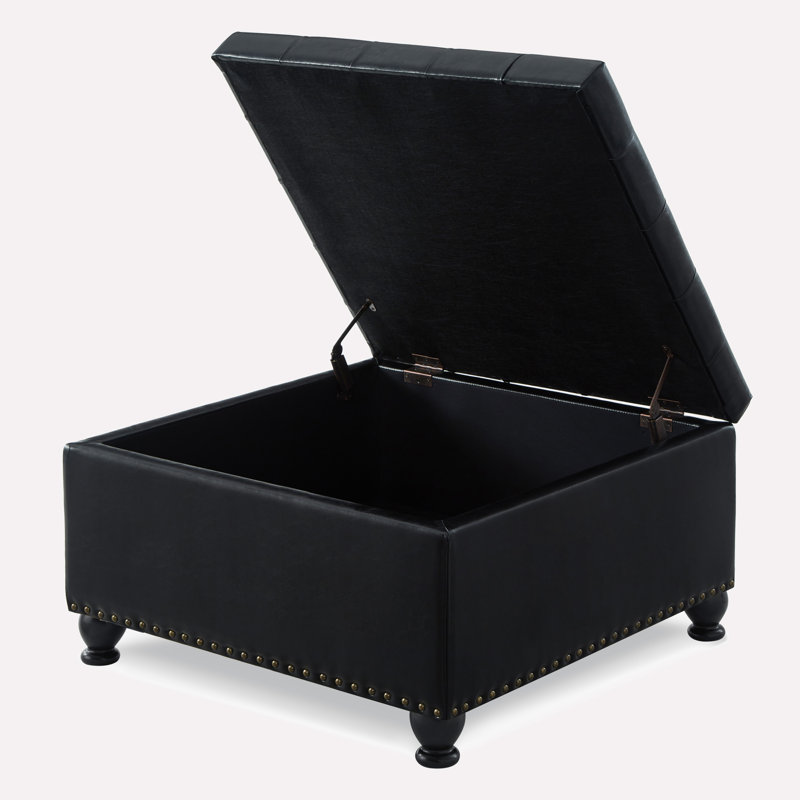 Grand repose-pieds de rangement carré avec pieds en bois, Lin noir