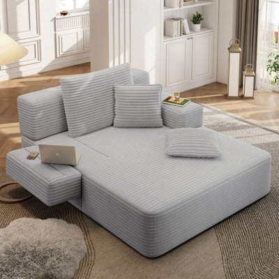 Luxueuse chaise longue en velours côtelé moelleux avec 3 coussins, canapé-lit convertible 2 en 1 et pochette de rangement, conception sans cadre et mousse de compression, aucun assemblage requis, pour les petits espaces, le salon, l’appartement