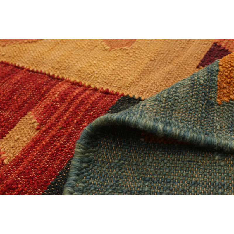 Tapis beige / bleu en laine fabriqué à la main Kilim
