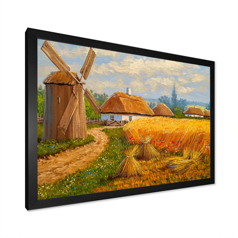 Vieux village rustique Lanscape - peinture sur toile, H 16 po x l 32 po x P 1 po, Cadre photo noir