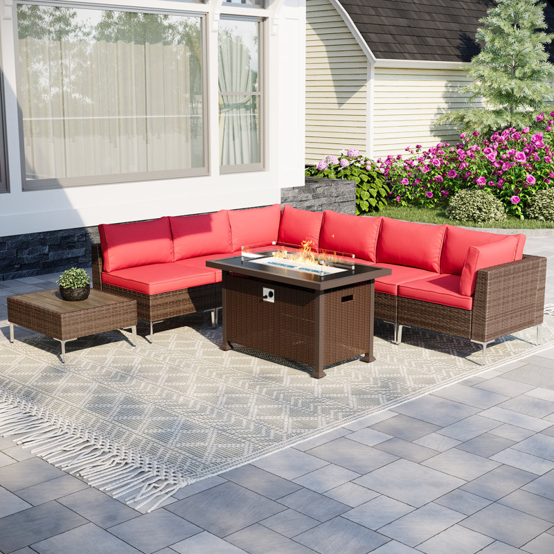 Quadrell 6 - Person Outdoor Wicker Patio Conversation Furniture Set with Optional Fire Pit Table, Red, Yes