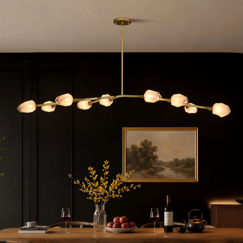 Lustre à branches en laiton antique à 6 lumières, intensité variable, 42 pouces, avec abat-jour en verre taillé nuageux, 42"