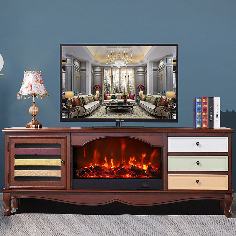 Meuble télé moderne avec foyer électronique simulé, H 23,62 po x L 78,74 po x l 13,78 po, Brun