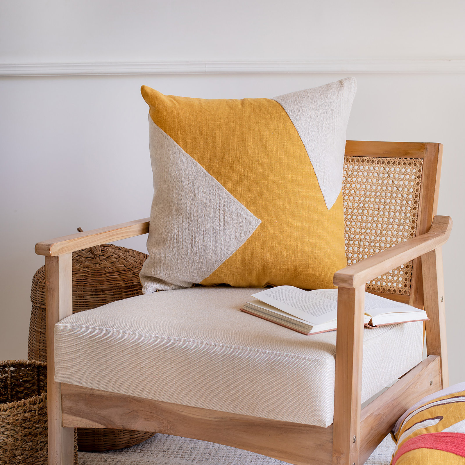 Auburn Geometric Cotton Throw Pillow, Square 20", Yellow/White, Down