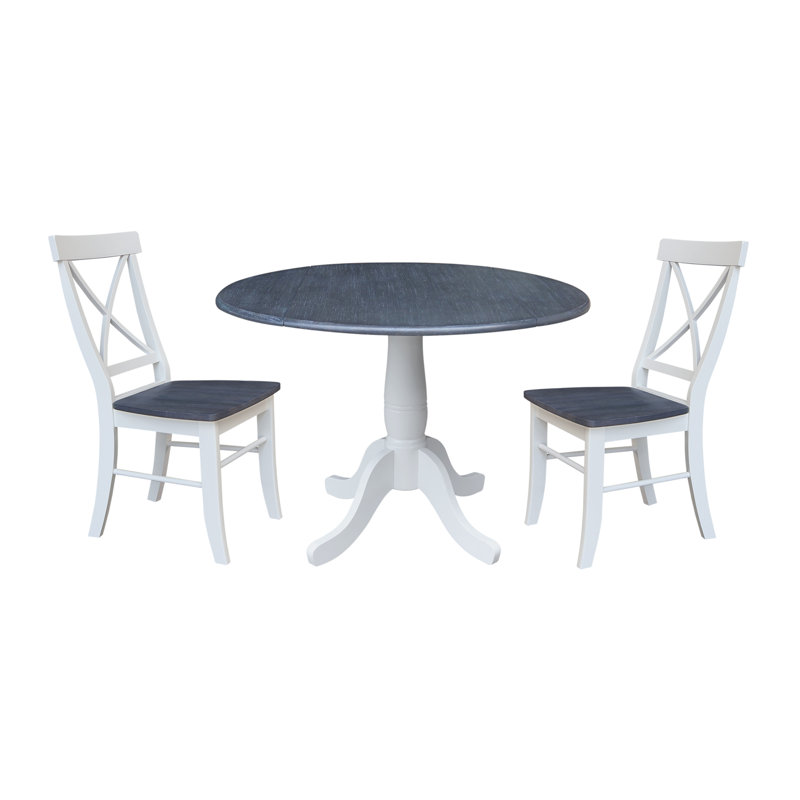 Damarrea Round Top 3 Piece Drop Leaf Solid Wood Dining Set, Heather Grey/White