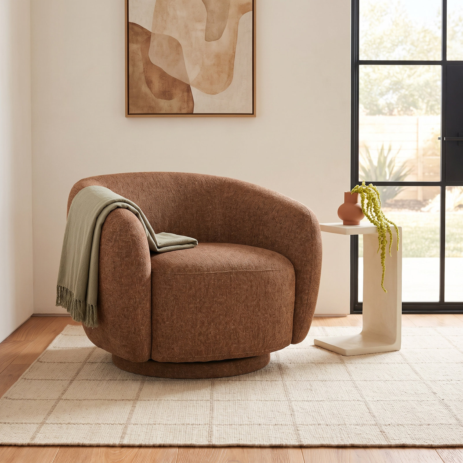 Pine Swivel Barrel Chair, Sage Terrain Textured Chenille