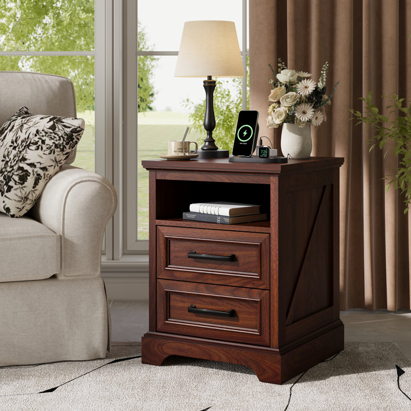Table de chevet en bois à 2 tiroirs avec station de recharge, table d'appoint de style campagnard de 61 cm de haut avec rangement et étagère semi-ouverte