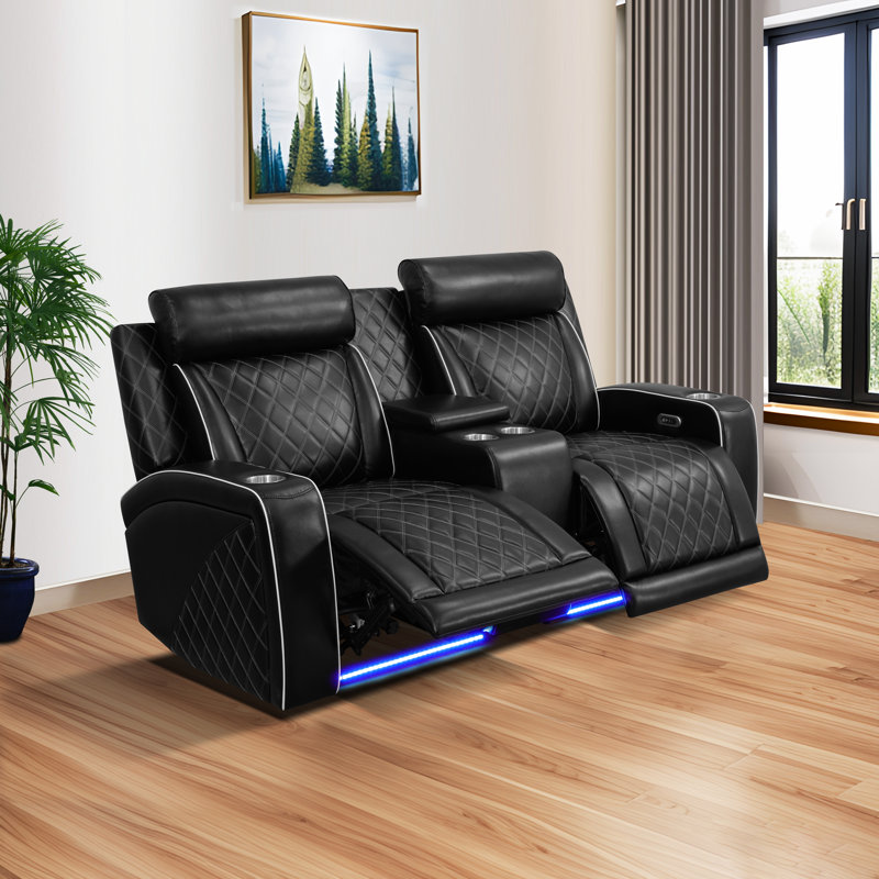 72.5" Luxury Power Reclining Loveseat With LED Lights, Quilted Design & Cup Holders – Black