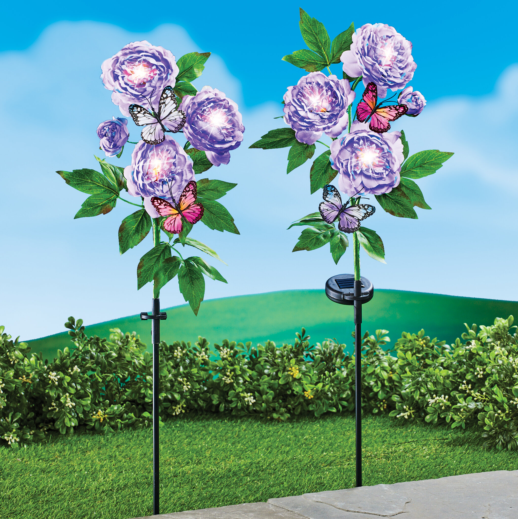 Arlmont & Co. Elienai Peonies 2 Piece Garden Stake Set | Wayfair