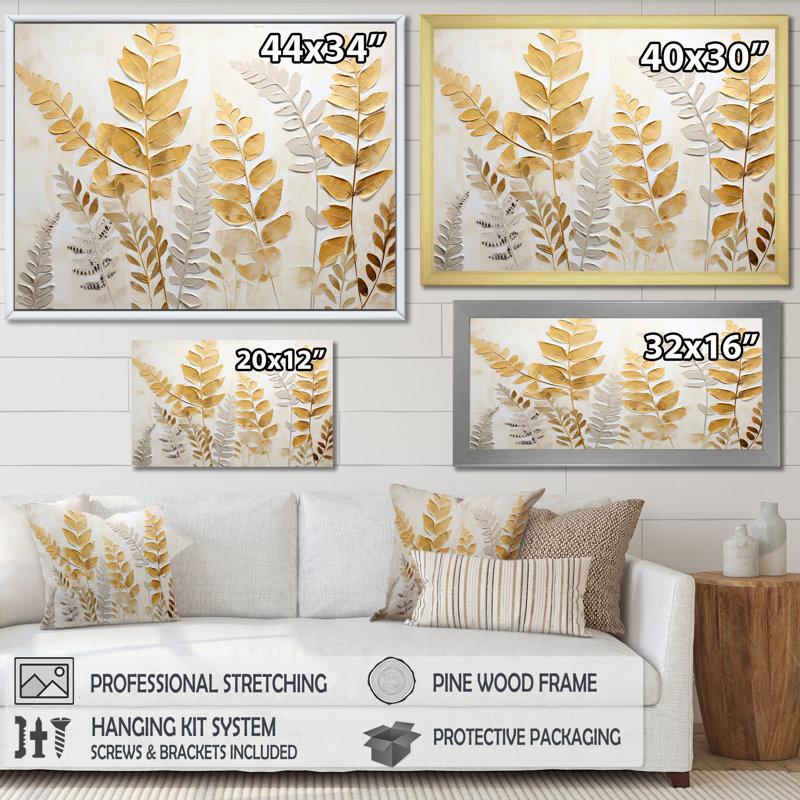 " Golden Ferns Silent Gracefulness III ", 30'' H x 40'' W, Silver Single Picture Framed