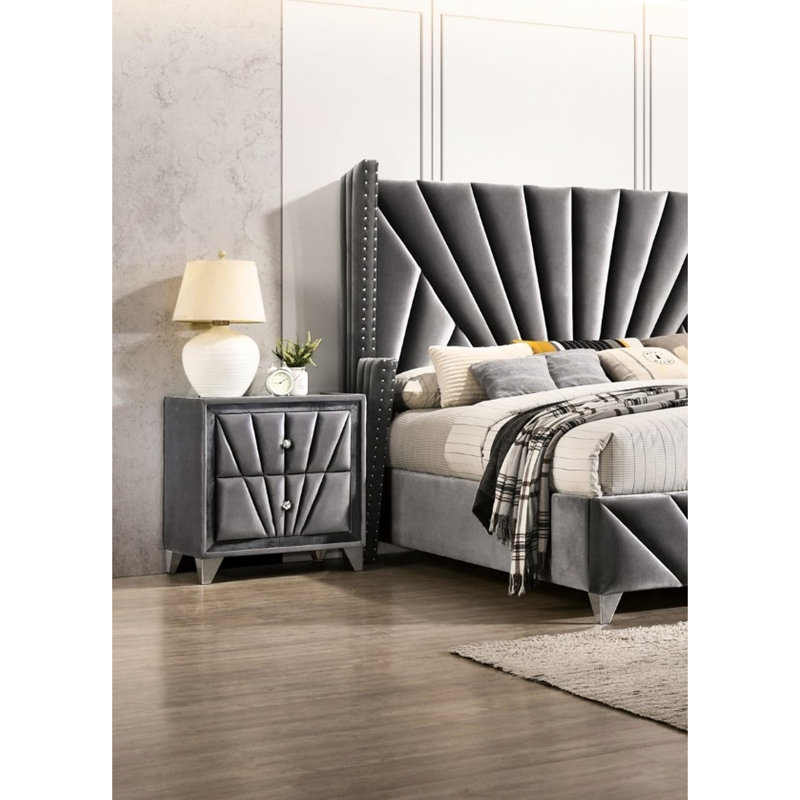 Superbe table de chevet en tissu entièrement rembourrée avec table de chevet et pieds chromés, Gris