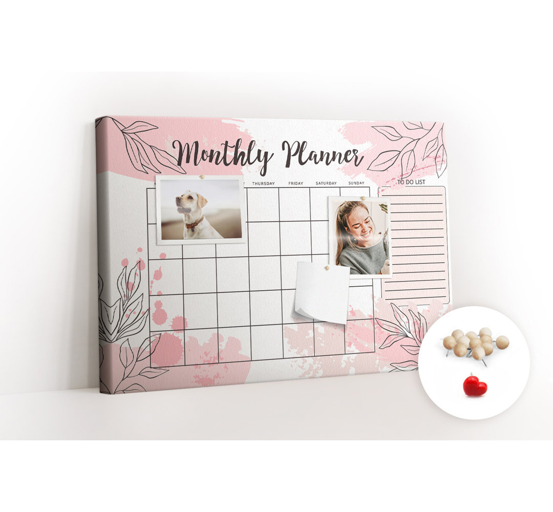 Wall Mounted bulletin board print home decor kitchen notice board home office corkboard Pink monthly planner