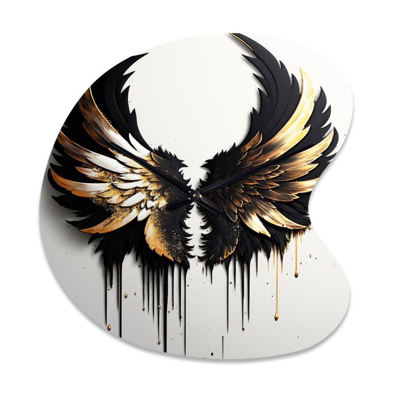 Black Silver And Gold Angel Wings III - Drop Shape  White Wall Clock - Unique Shape, Small