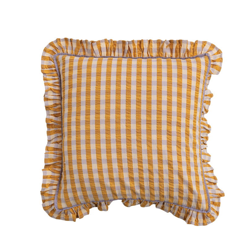 Cotton Gingham Ruffle Pillow in Mustard and Lavender, Lavender