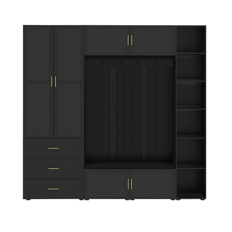 (Black) American Style 4-in-1 Hall Tree with Padded Bench 4 Hooks and Adjustable Storage Shelves, Black
