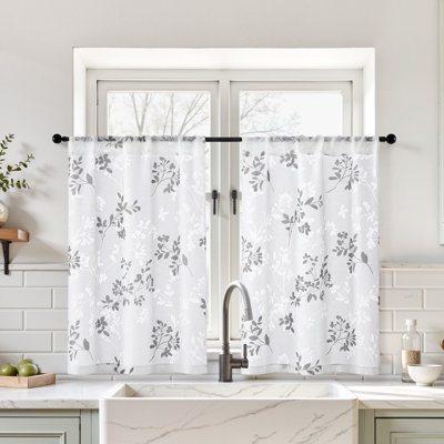  White and Grey Printed Leaf Semi Sheer Cafe Tier Kitchen Curtains, Light Filtering Privacy Valances for Bathroom, RV & Small Windows, 30"W x 36"L