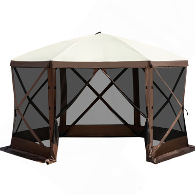 Tente de camping avec moustiquaire de camping, tente à auvent escamotable à 6 côtés de 12 pi x 12 pi avec fenêtres en filet, sac de transport portable, piquets, grandes tentes d'ombrage pour le camping extérieur, pelouse et cour arrière, brun / beige