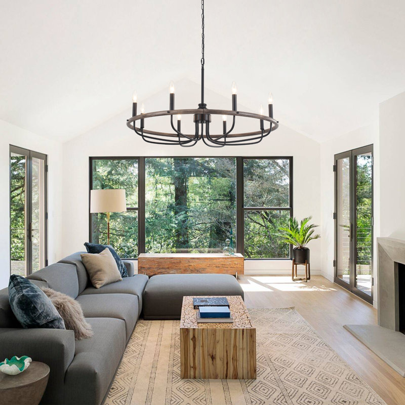 Annasha 8 - Light Brown/Black Modern Industrial Dimmable Candle Style Round Wagon Wheel Chandelier-33.86"W x 78.74"H